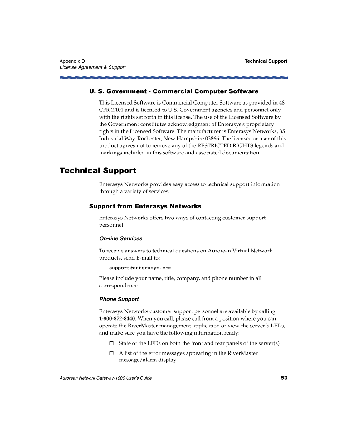 Enterasys Networks ANG-1000 Technical Support, Government Commercial Computer Software, Support from Enterasys Networks 