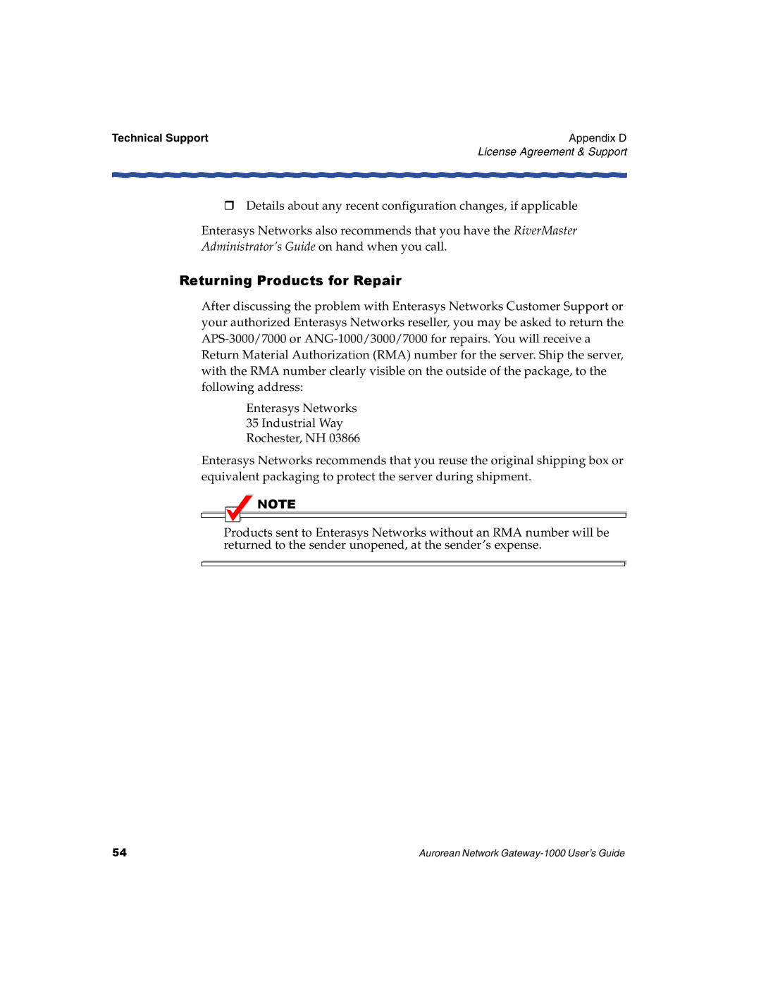 Enterasys Networks ANG-1000 manual Returning Products for Repair, Technical Support 