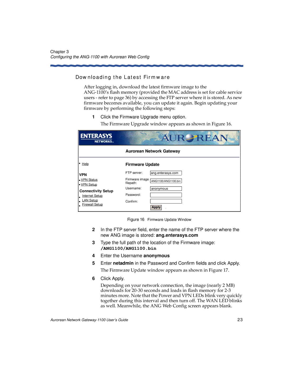 Enterasys Networks ANG-1100 manual Downloading the Latest Firmware, Click the Firmware Upgrade menu option, Firmware Update 