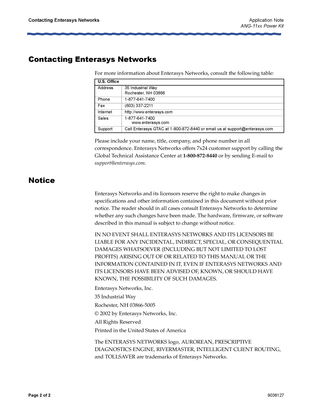 Enterasys Networks ANG-11XX manual Contacting Enterasys Networks, Office, 9038127 