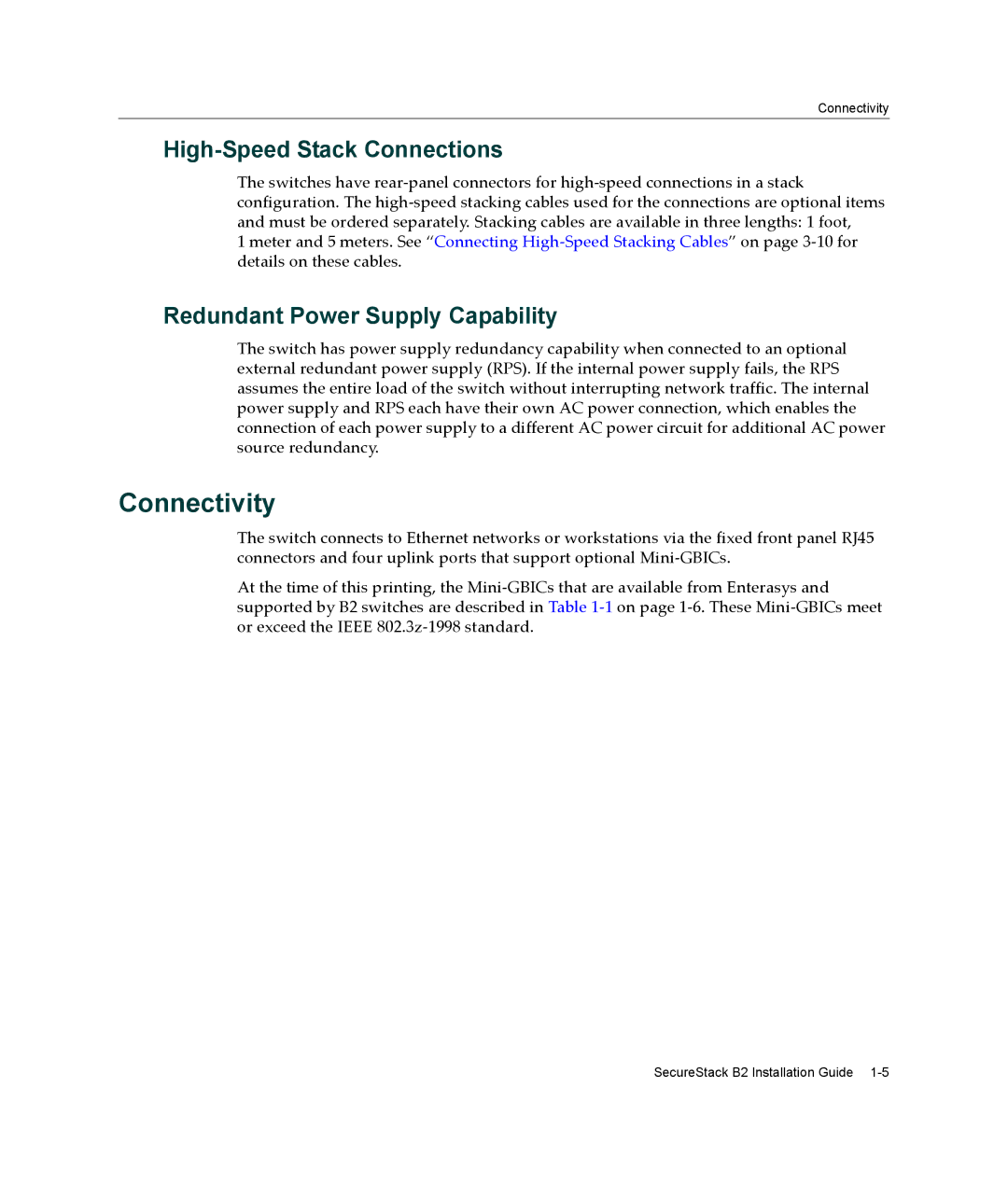 Enterasys Networks B2G124-24 manual Connectivity, High-Speed Stack Connections, Redundant Power Supply Capability 