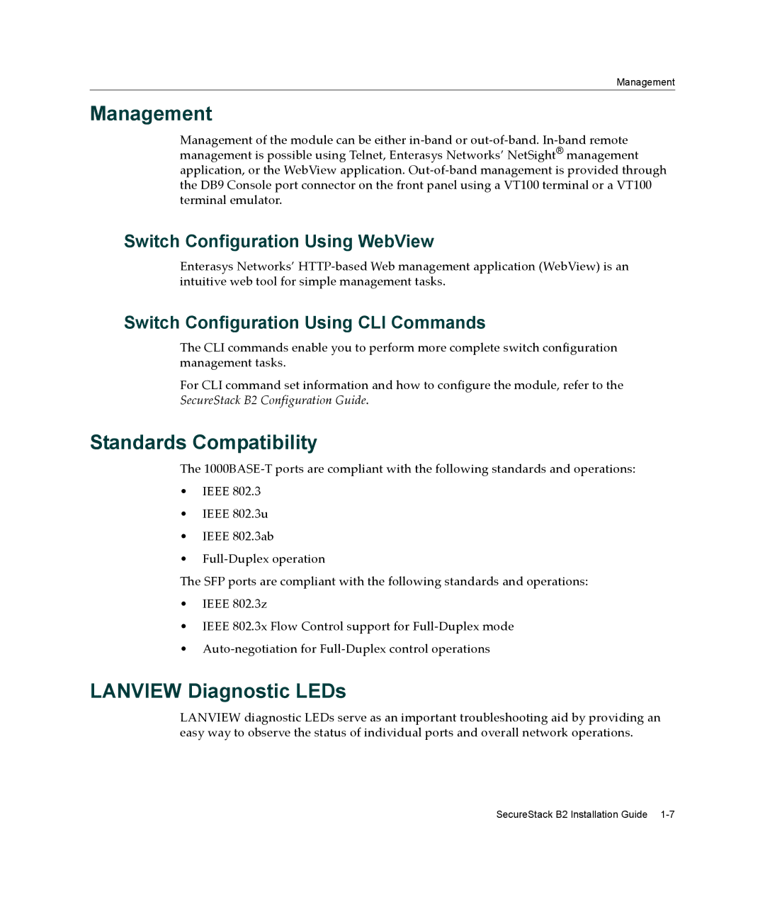 Enterasys Networks B2G124-24 manual Management, Standards Compatibility, Lanview Diagnostic LEDs 