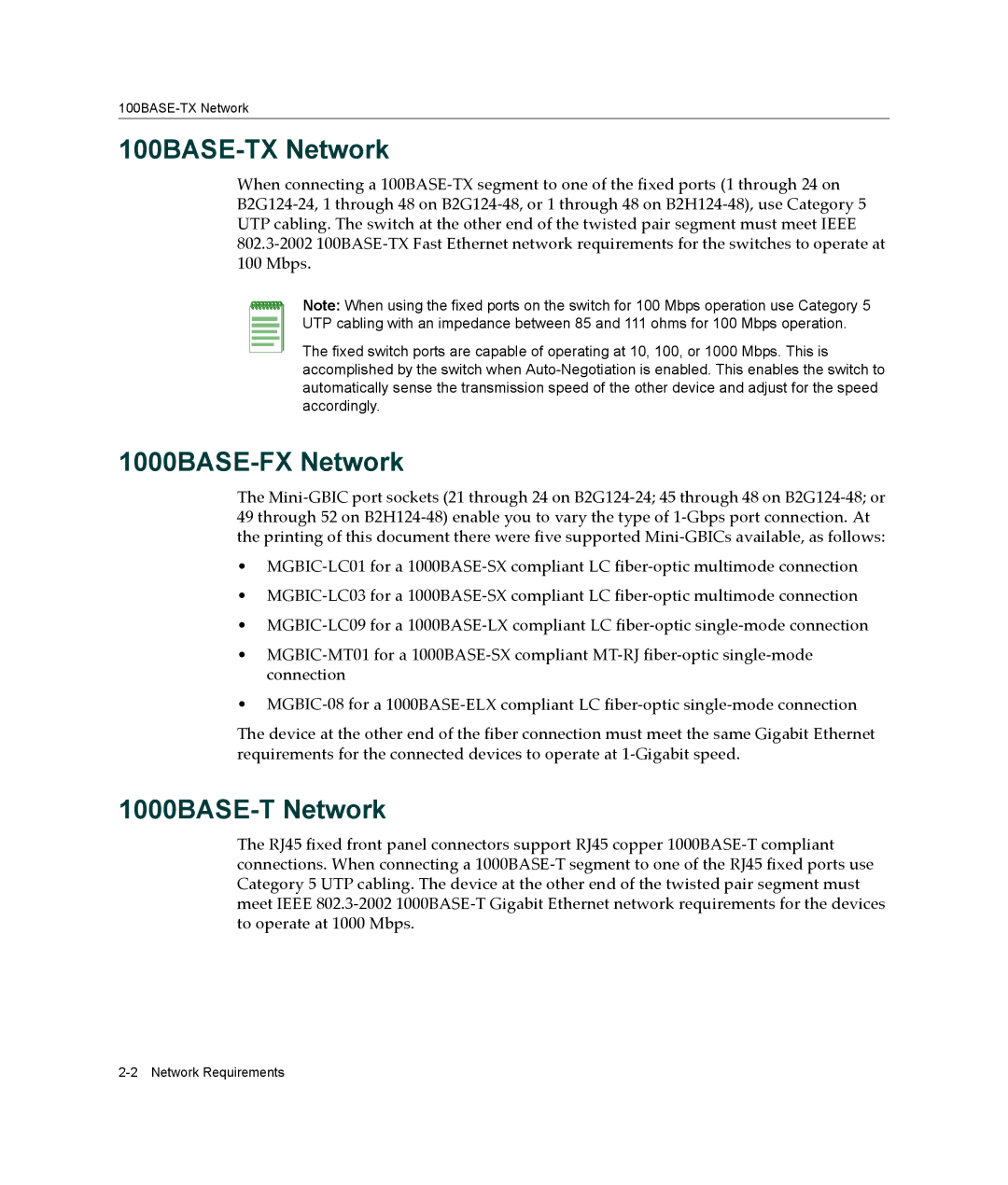 Enterasys Networks B2G124-24 manual 100BASE-TX Network, 1000BASE-FX Network, 1000BASE-T Network 