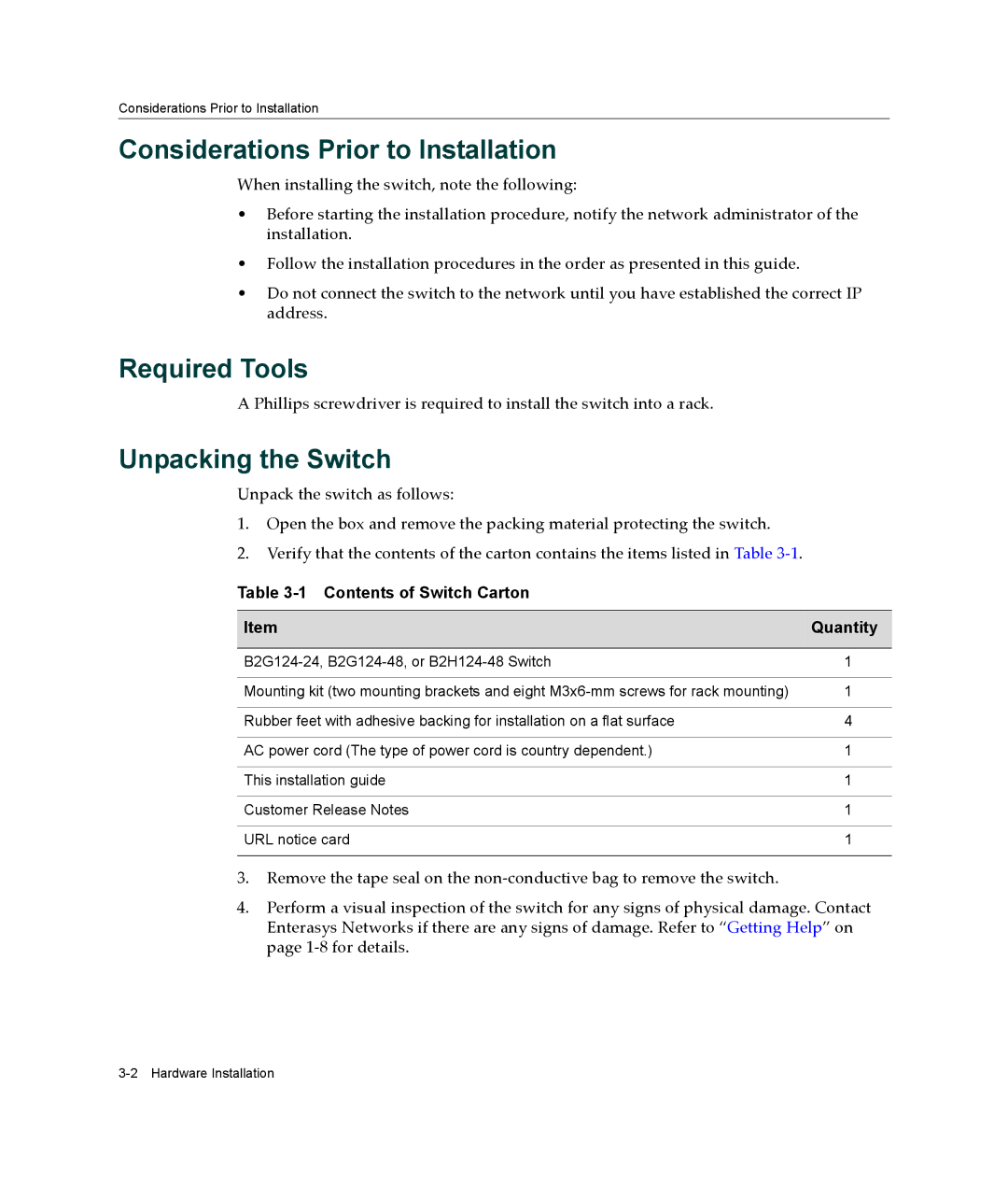 Enterasys Networks B2G124-24 manual Considerations Prior to Installation, Required Tools, Unpacking the Switch 