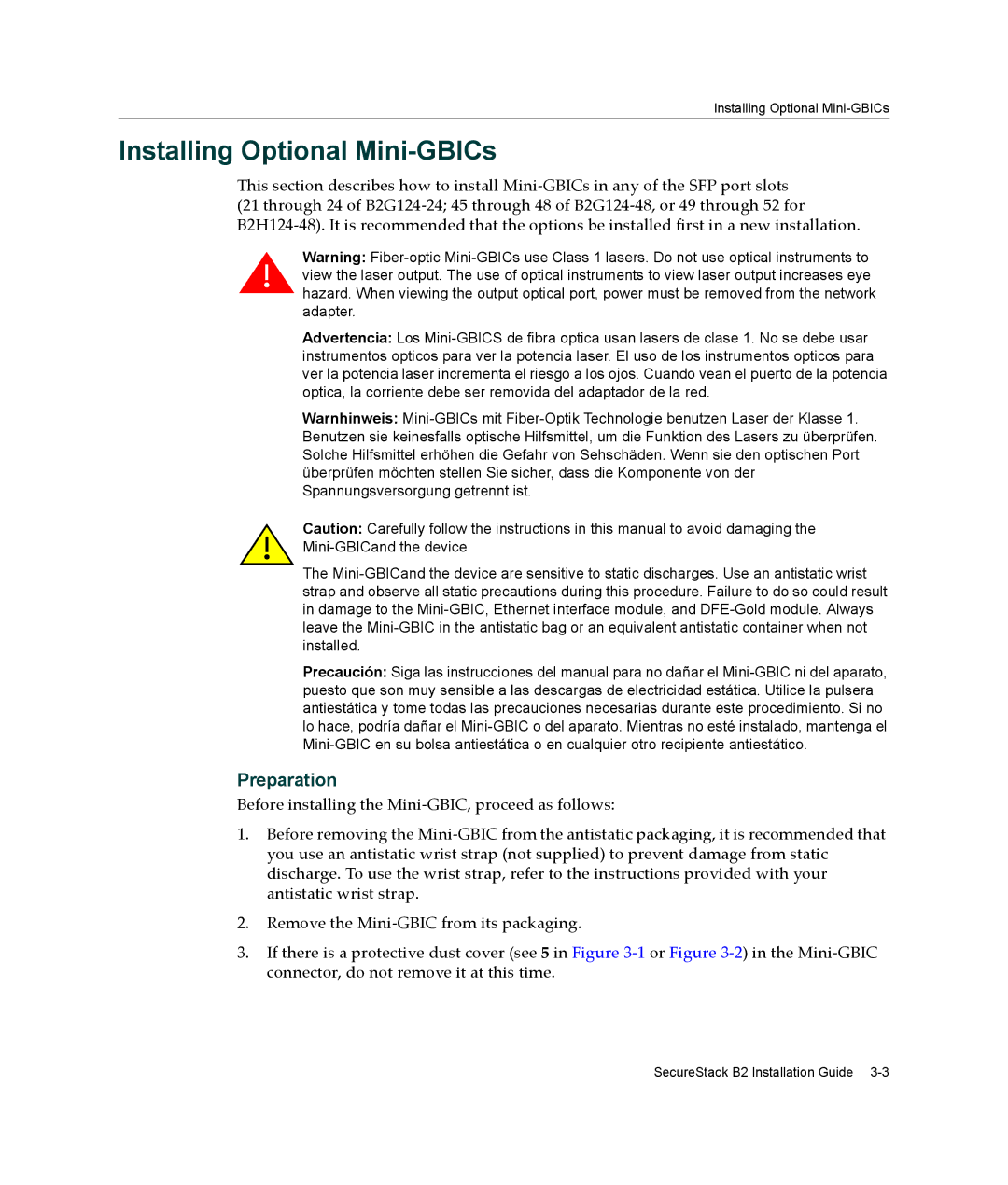 Enterasys Networks B2G124-24 manual Installing Optional Mini-GBICs, Preparation 