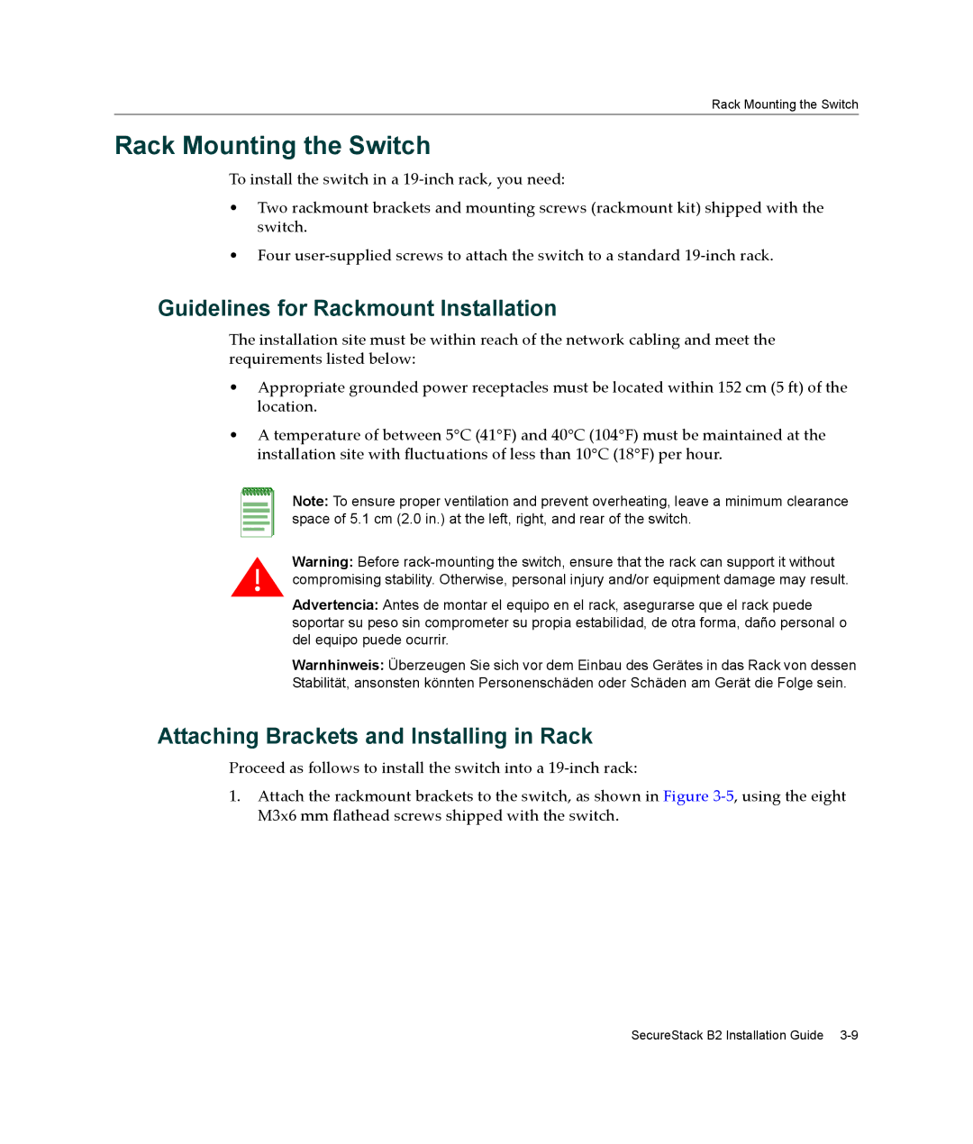 Enterasys Networks B2G124-24 manual Rack Mounting the Switch, Guidelines for Rackmount Installation 