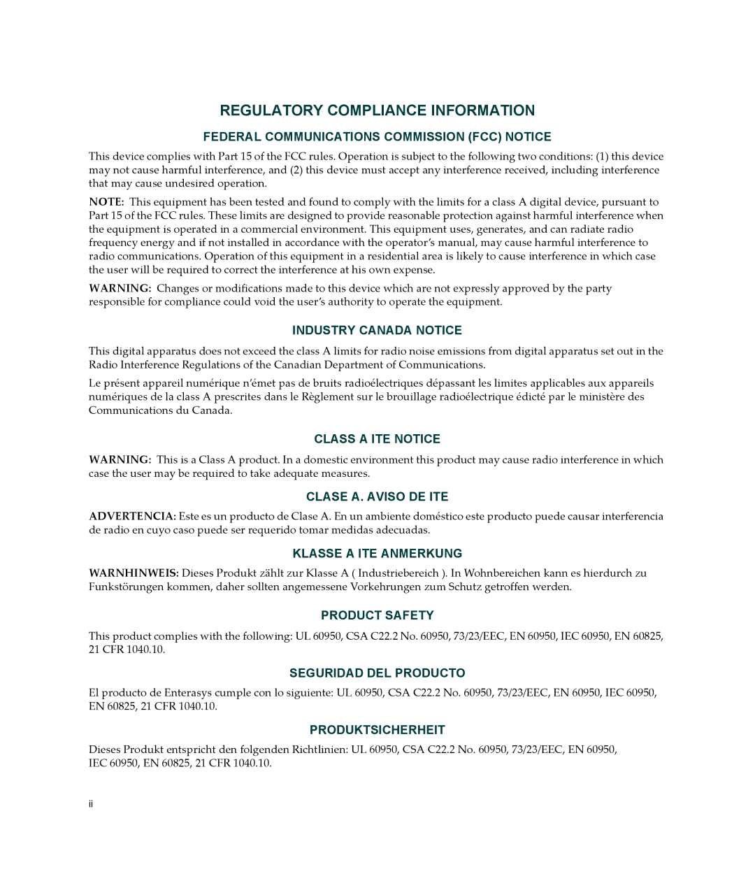 Enterasys Networks B2G124-24 manual Regulatory Compliance Information 