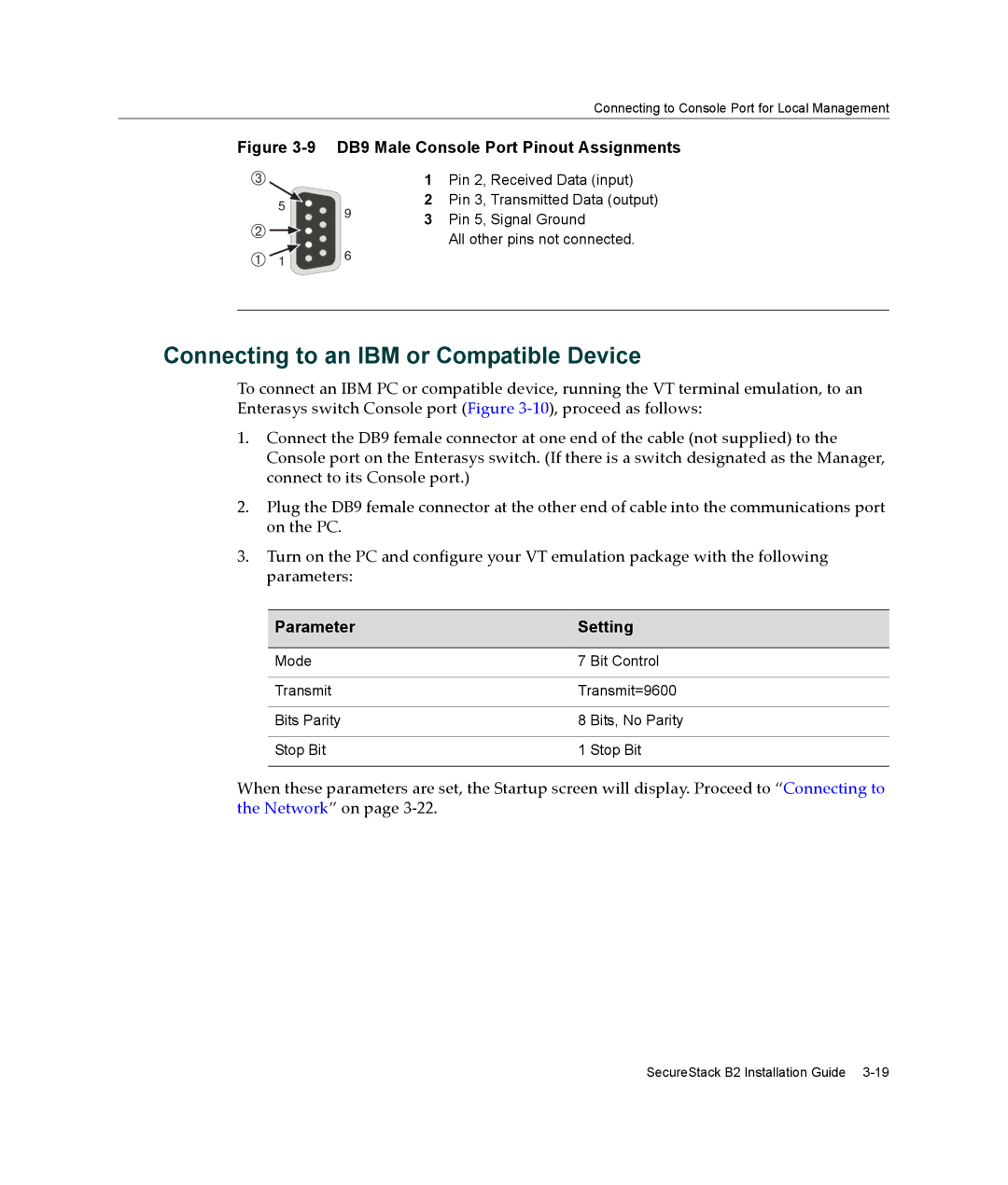 Enterasys Networks B2G124-24 manual Connecting to an IBM or Compatible Device, Parameter Setting 