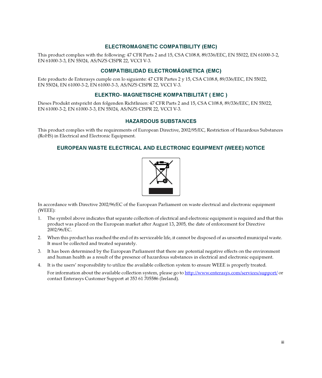 Enterasys Networks B2G124-24 manual Electromagnetic Compatibility EMC 