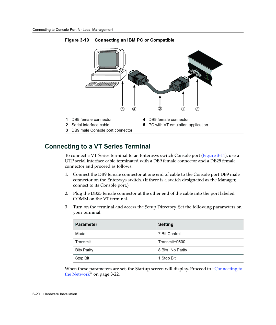 Enterasys Networks B2G124-24 manual Connecting to a VT Series Terminal, Connecting an IBM PC or Compatible 