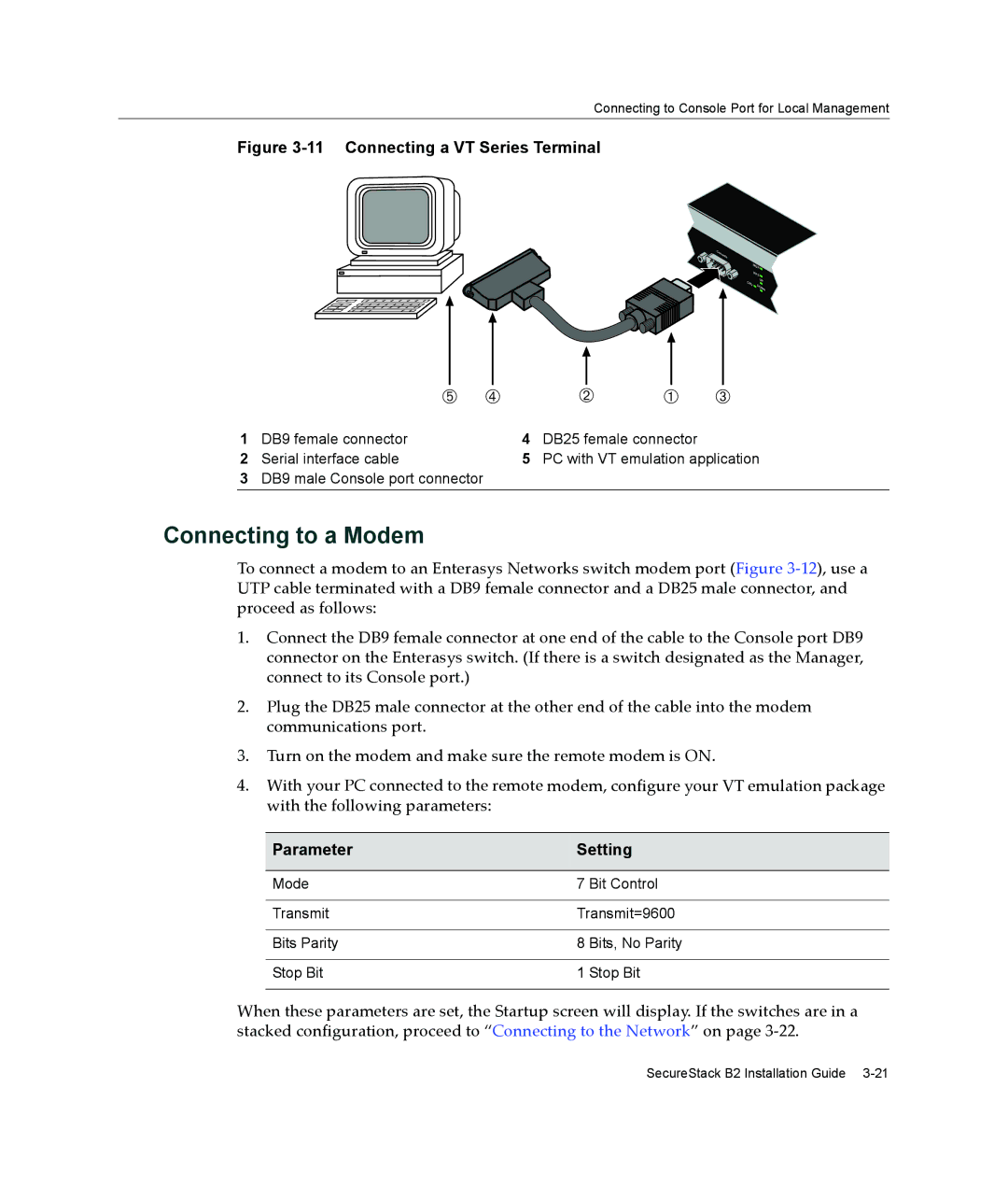 Enterasys Networks B2G124-24 manual Connecting to a Modem, Connecting a VT Series Terminal 