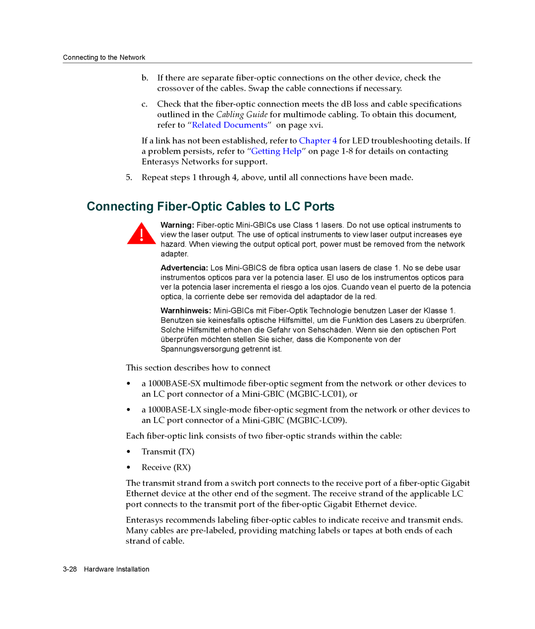 Enterasys Networks B2G124-24 manual Connecting Fiber-Optic Cables to LC Ports 