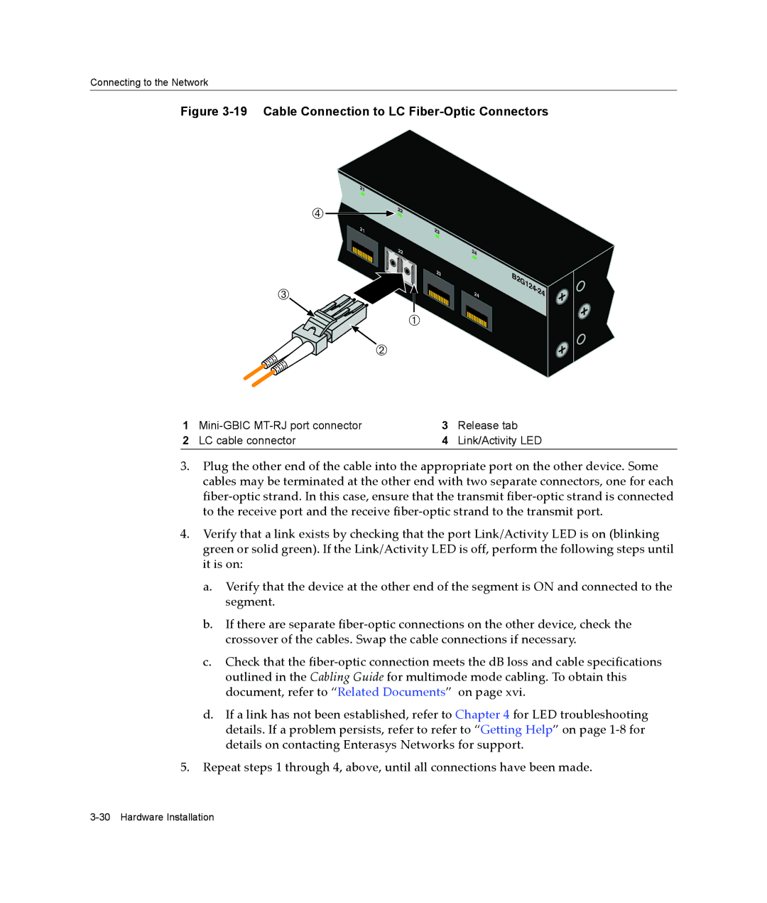 Enterasys Networks B2G124-24 manual Cable Connection to LC Fiber-Optic Connectors 