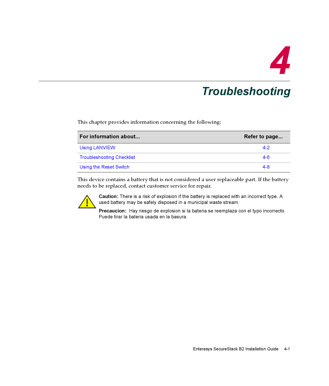 Enterasys Networks B2G124-24 manual Troubleshooting 