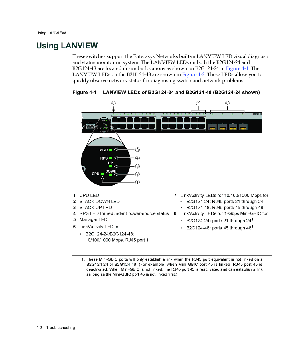 Enterasys Networks manual Using Lanview, Lanview LEDs of B2G124-24 and B2G124-48 B2G124-24 shown 