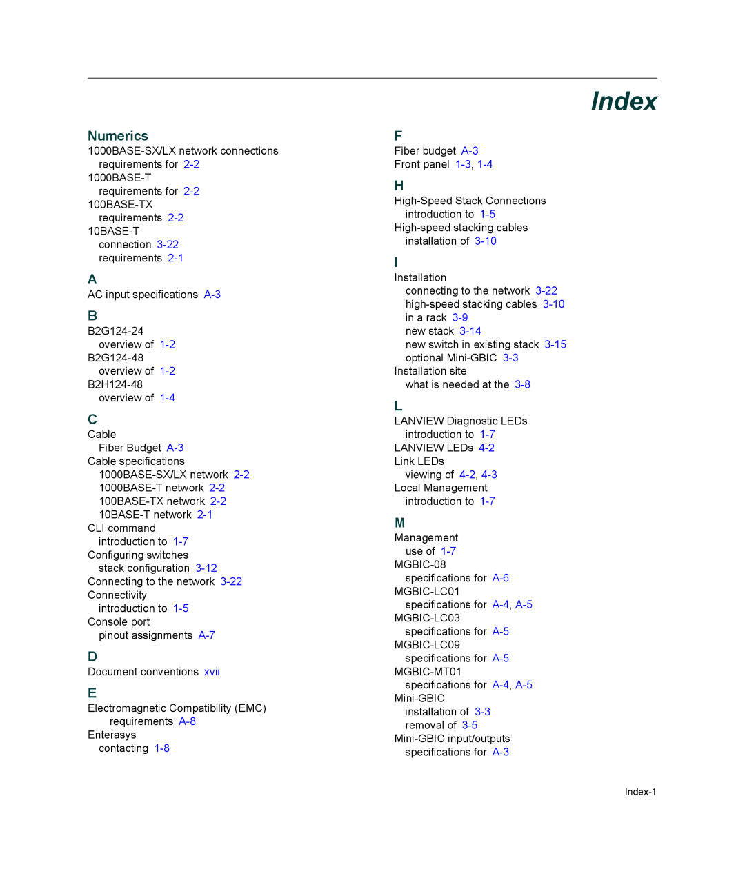 Enterasys Networks B2G124-24 manual Index, Numerics 