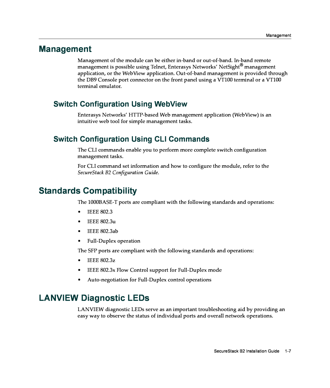 Enterasys Networks B2G124-24 manual Management, Standards Compatibility, LANVIEW Diagnostic LEDs 