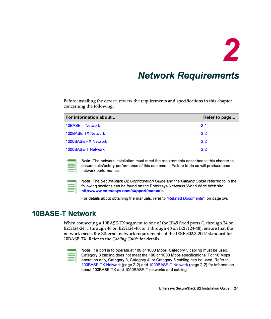 Enterasys Networks B2G124-24 manual Network Requirements, 10BASE-T Network, For information about, Refer to page 