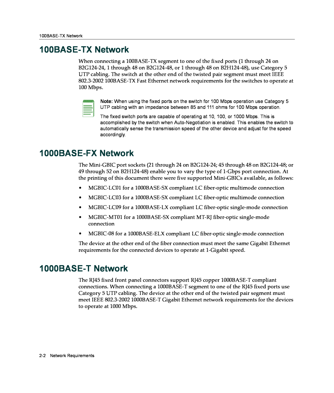 Enterasys Networks B2G124-24 manual 100BASE-TX Network, 1000BASE-FX Network, 1000BASE-T Network, Network Requirements 