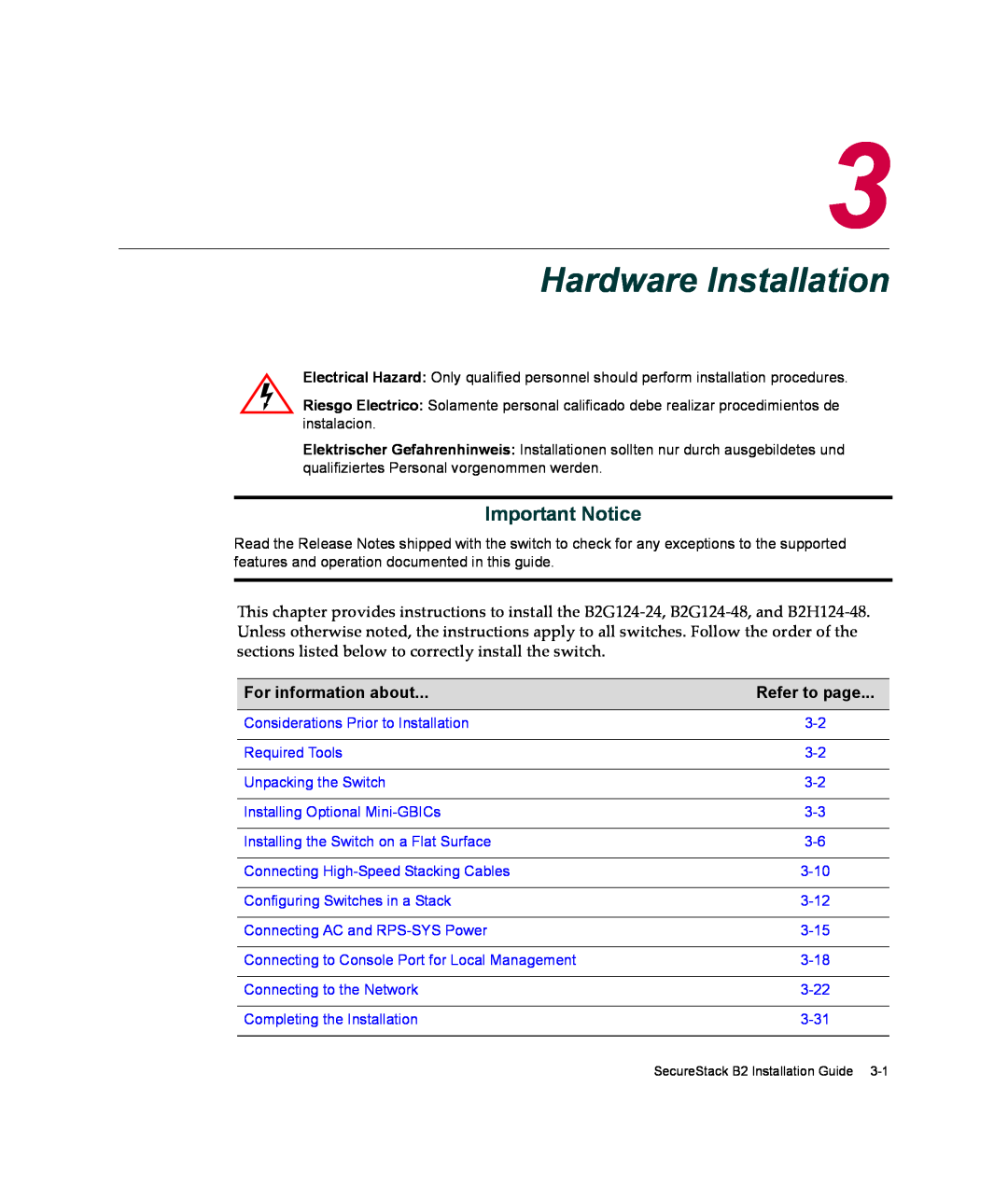 Enterasys Networks B2G124-24 manual Hardware Installation, Important Notice, For information about, Refer to page 
