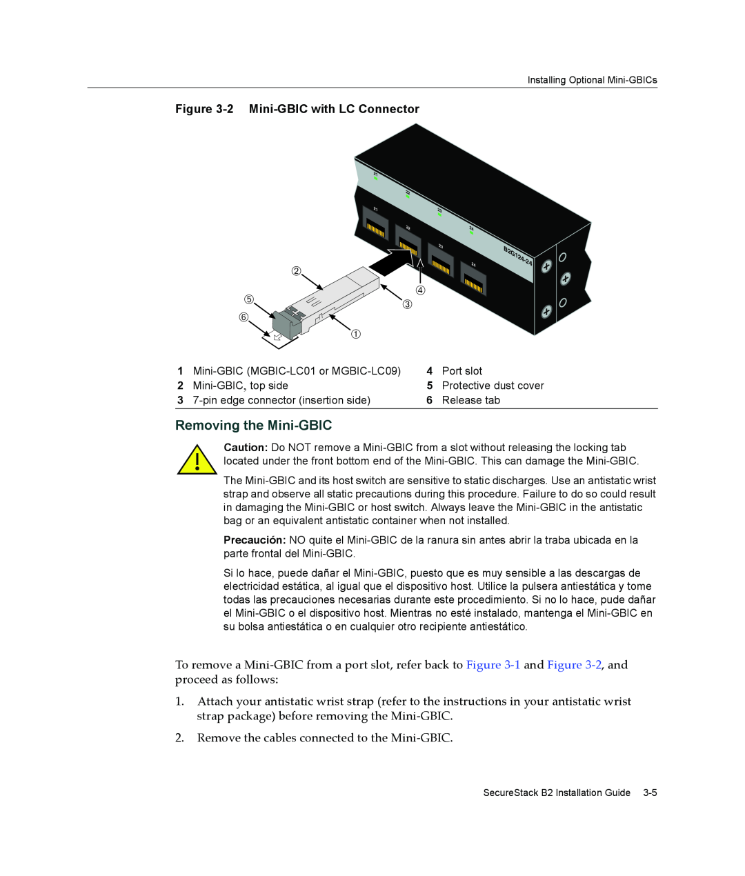 Enterasys Networks B2G124-24 manual Removing the Mini-GBIC 