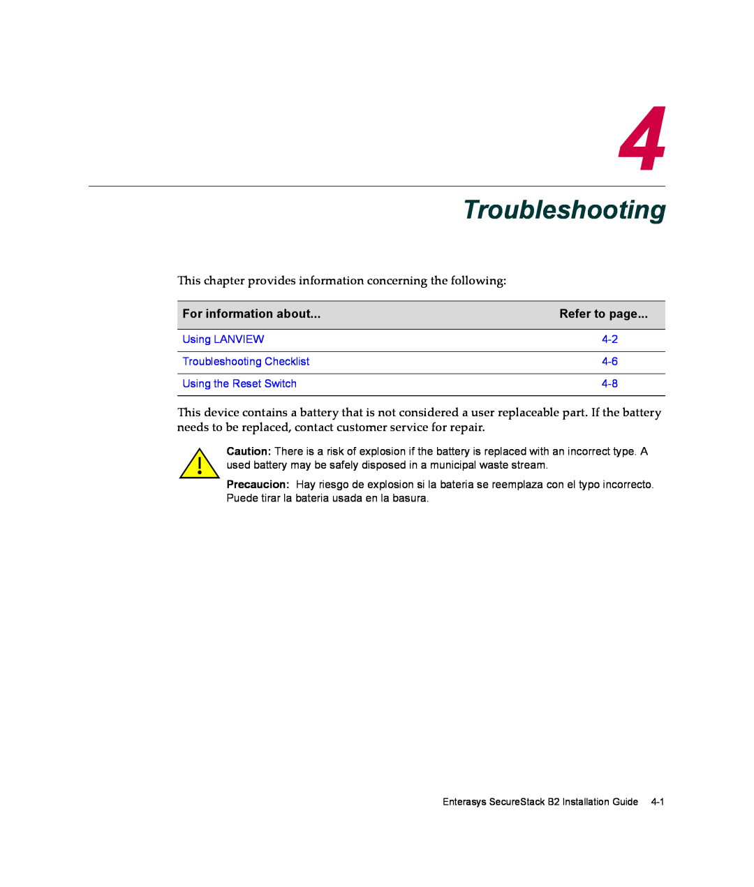 Enterasys Networks B2G124-24 manual Troubleshooting, For information about, Refer to page 