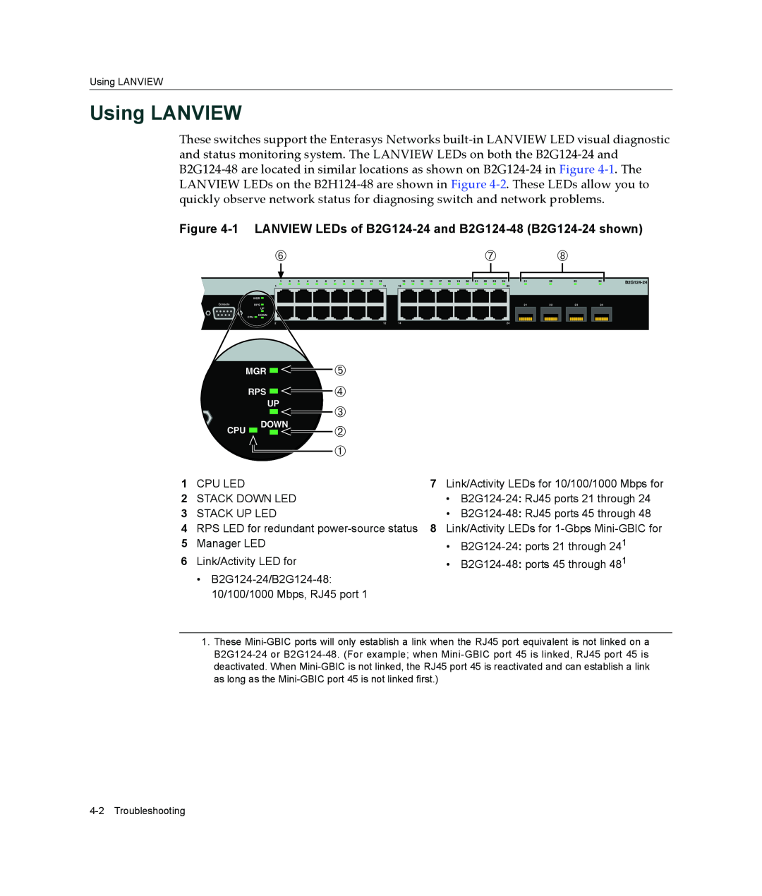 Enterasys Networks manual Using LANVIEW, 1 LANVIEW LEDs of B2G124-24 and B2G124-48 B2G124-24 shown 