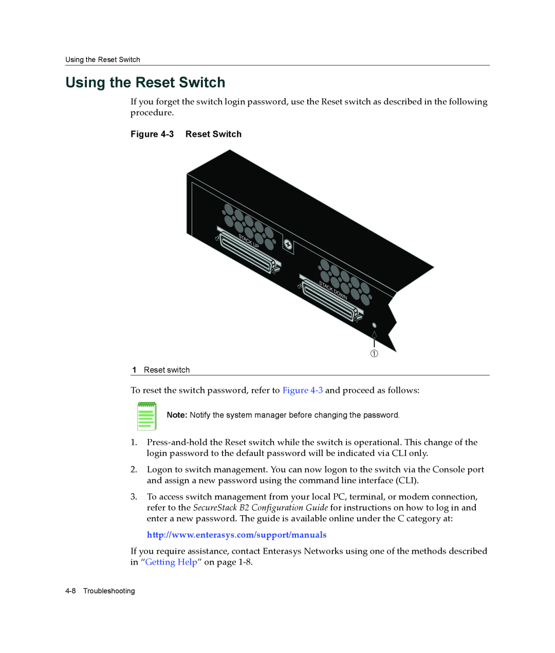 Enterasys Networks B2G124-24 manual Using the Reset Switch 