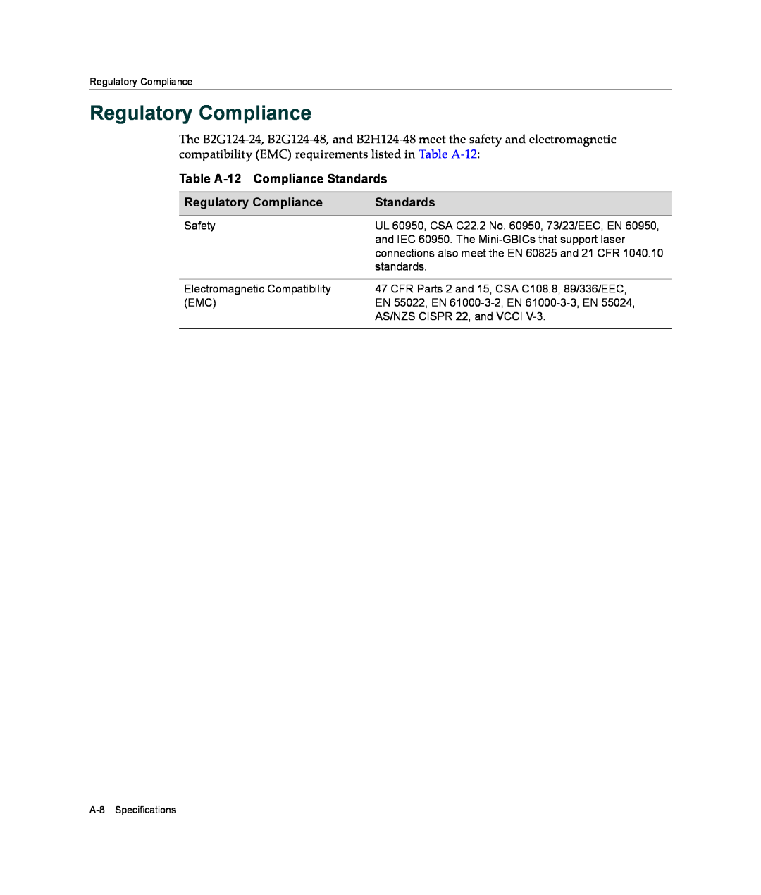 Enterasys Networks B2G124-24 manual Regulatory Compliance, Table A-12 Compliance Standards 