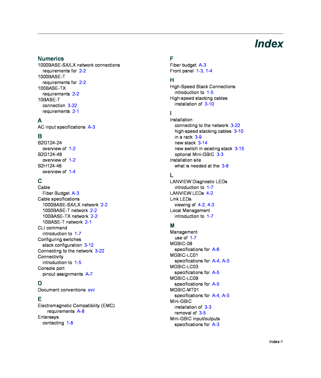 Enterasys Networks B2G124-24 manual Index, Numerics 