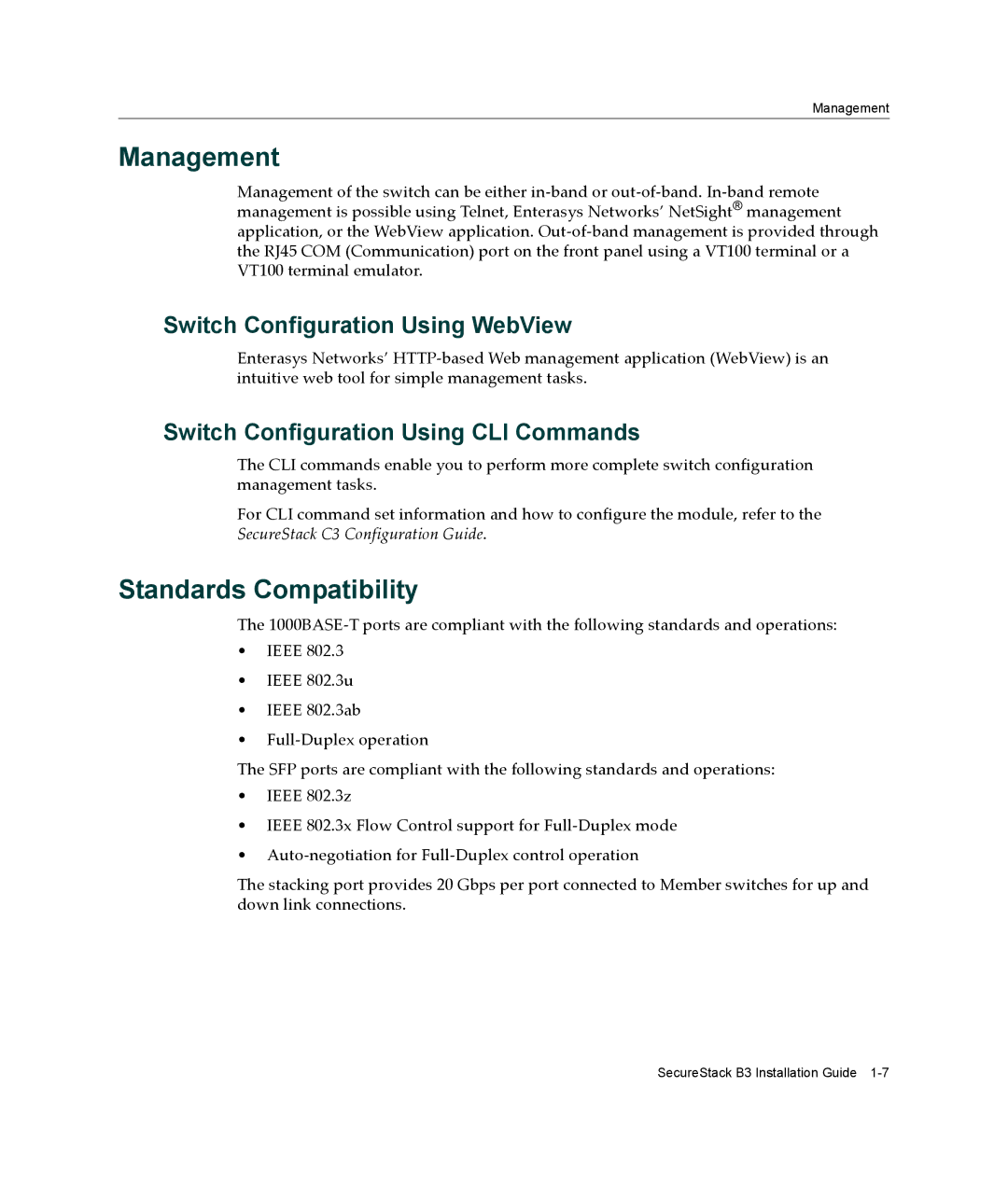 Enterasys Networks B3G124-48P, B3G124-24P manual Management, Standards Compatibility, Switch Configuration Using WebView 