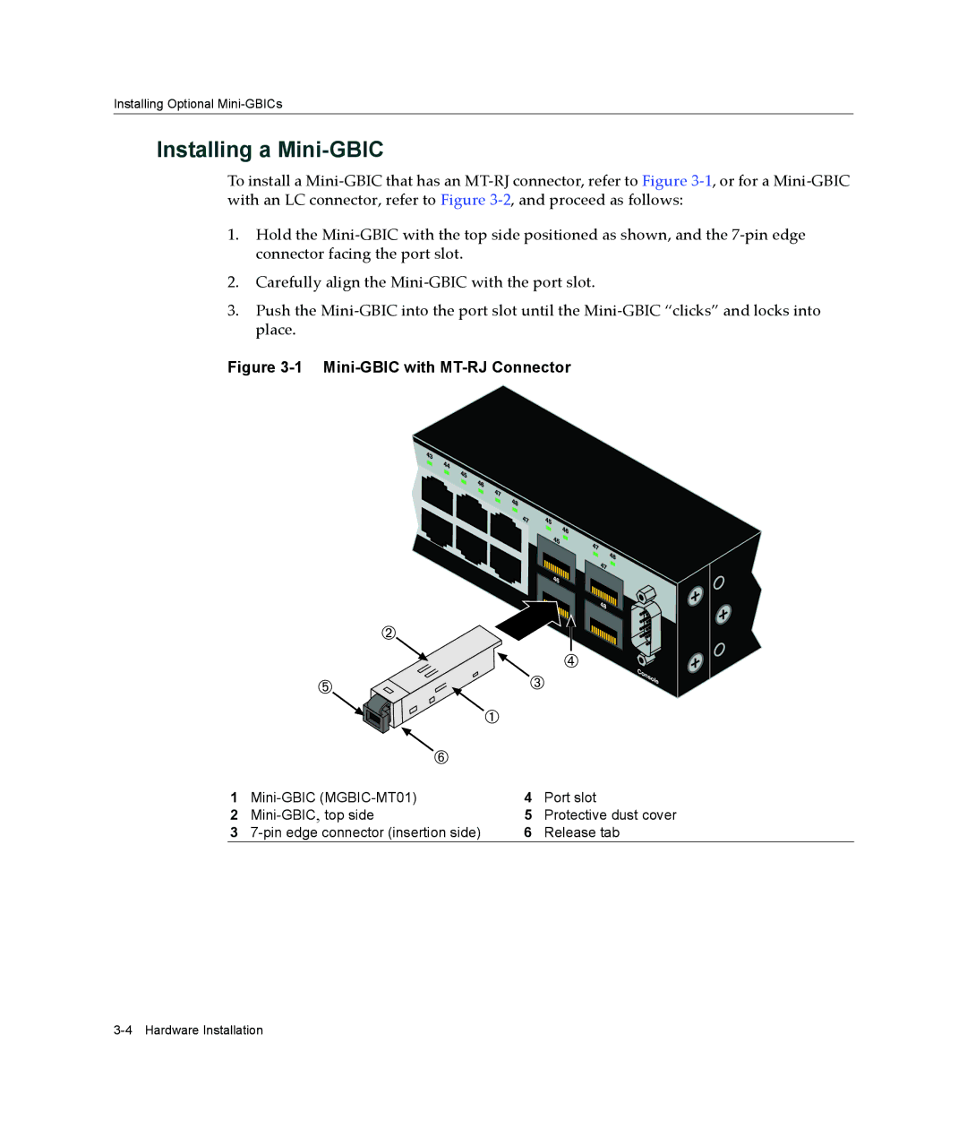 Enterasys Networks B3G124-24P, B3G124-48P manual Installing a Mini-GBIC, Mini-GBIC with MT-RJ Connector 