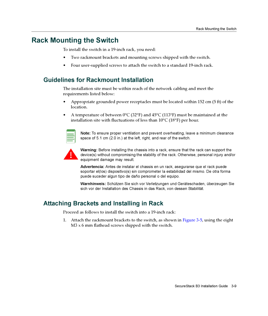 Enterasys Networks B3G124-48P, B3G124-24P manual Rack Mounting the Switch, Guidelines for Rackmount Installation 