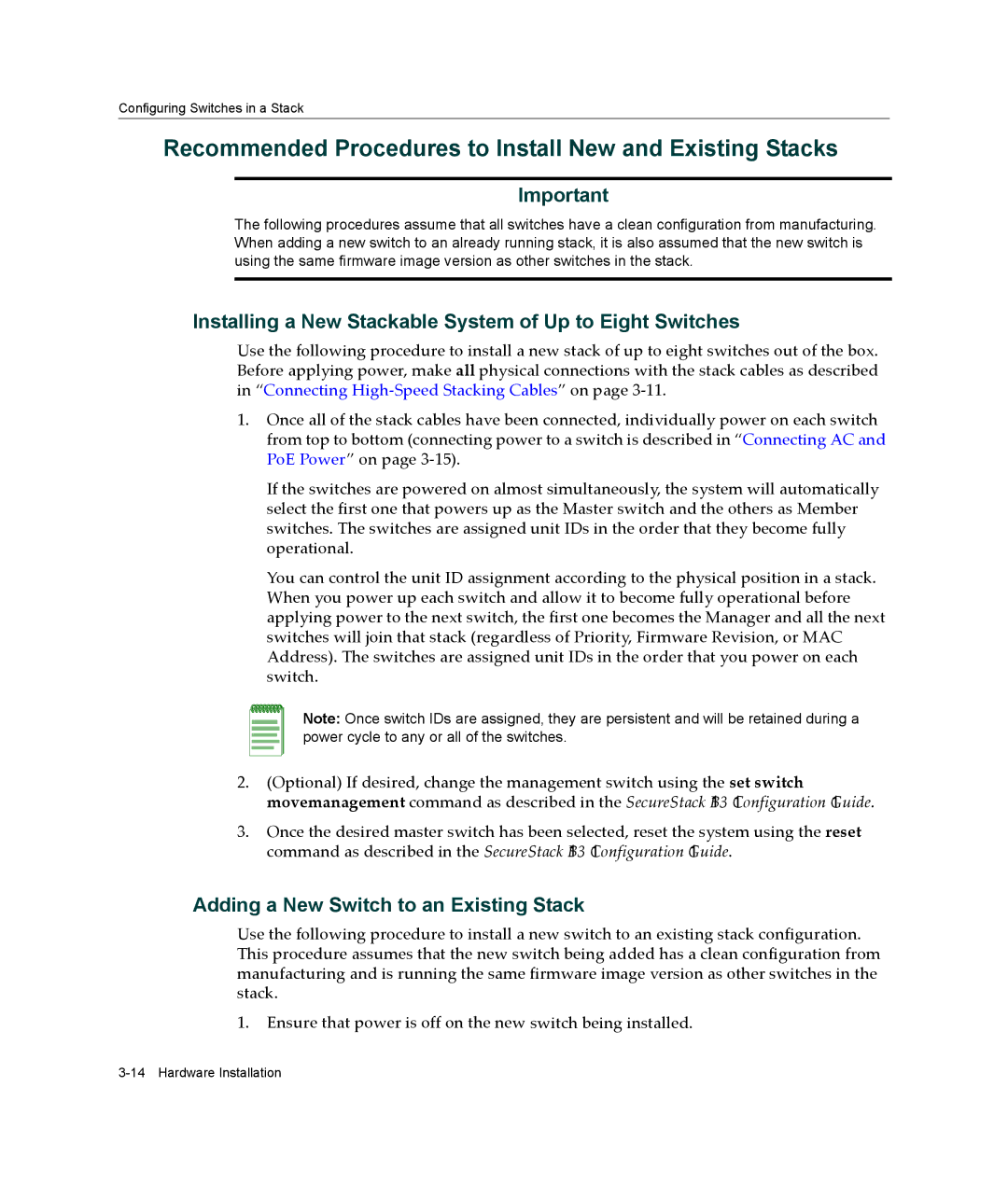 Enterasys Networks B3G124-24P, B3G124-48P manual Recommended Procedures to Install New and Existing Stacks 