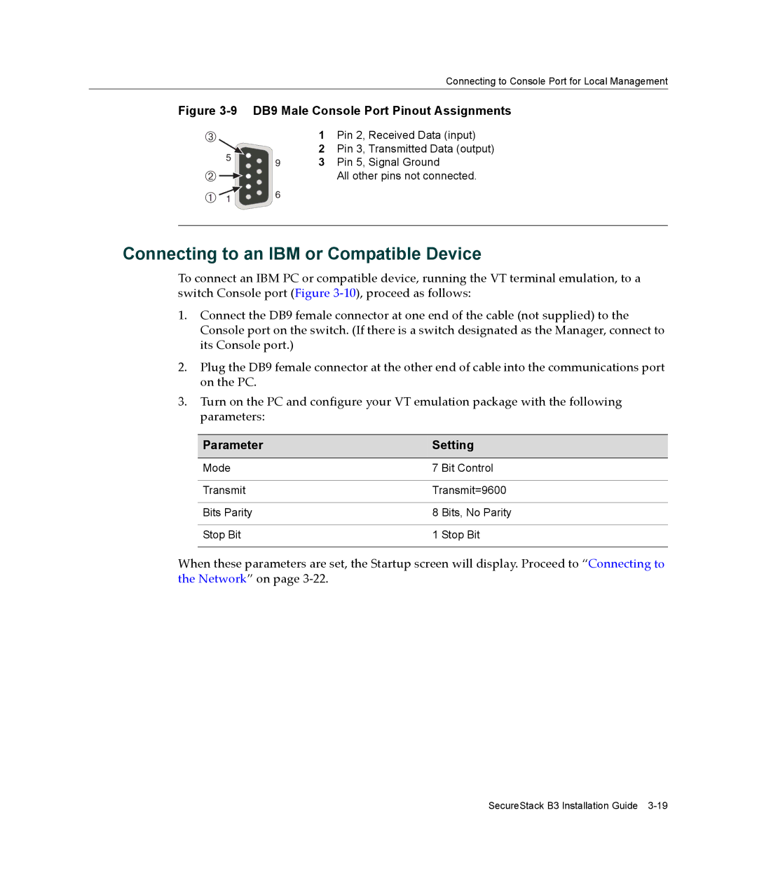 Enterasys Networks B3G124-48P, B3G124-24P manual Connecting to an IBM or Compatible Device, Parameter Setting 