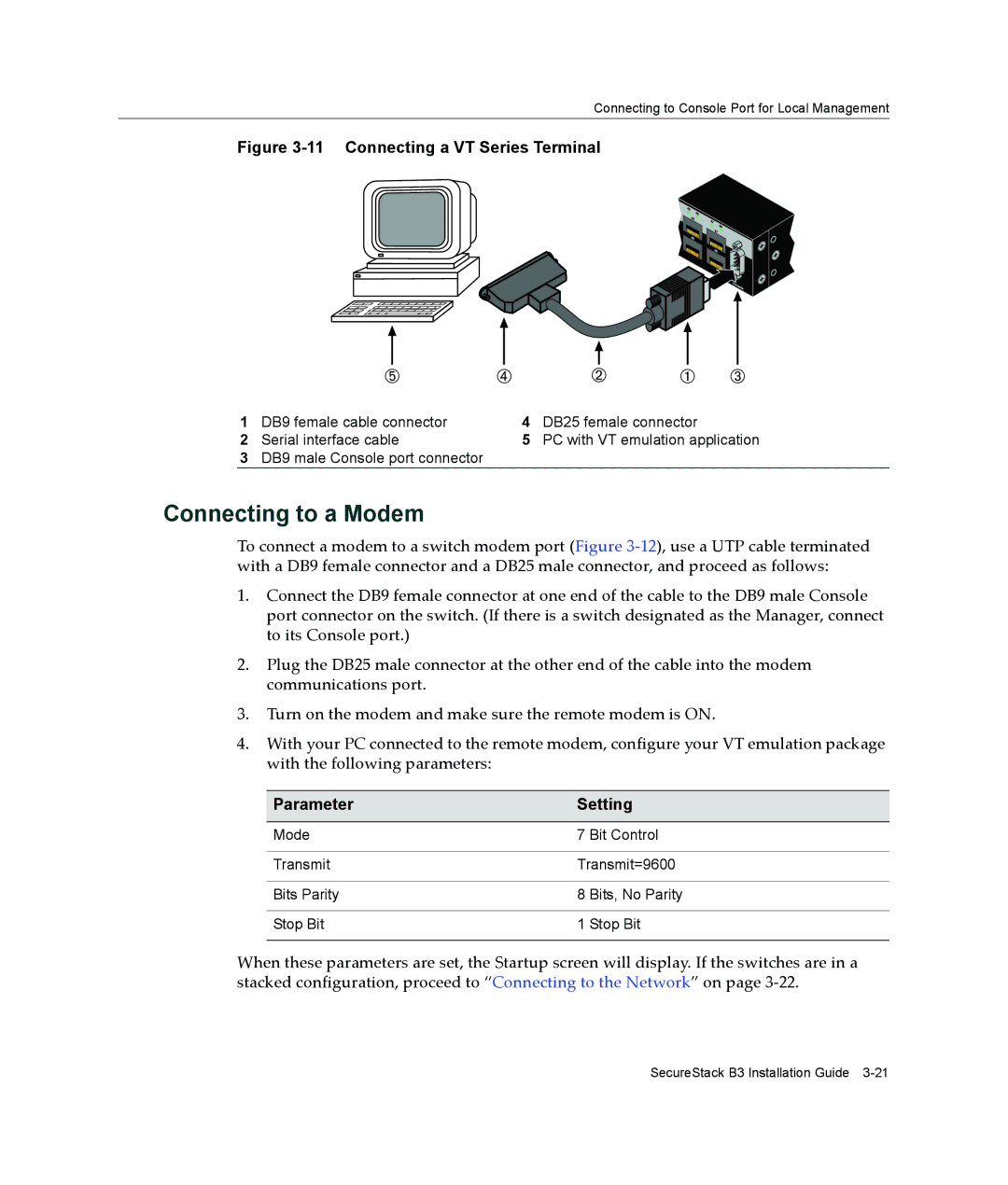 Enterasys Networks B3G124-48P, B3G124-24P manual Connecting to a Modem, Connecting a VT Series Terminal 