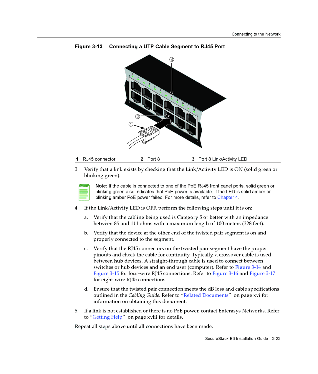 Enterasys Networks B3G124-48P, B3G124-24P manual Connecting a UTP Cable Segment to RJ45 Port 