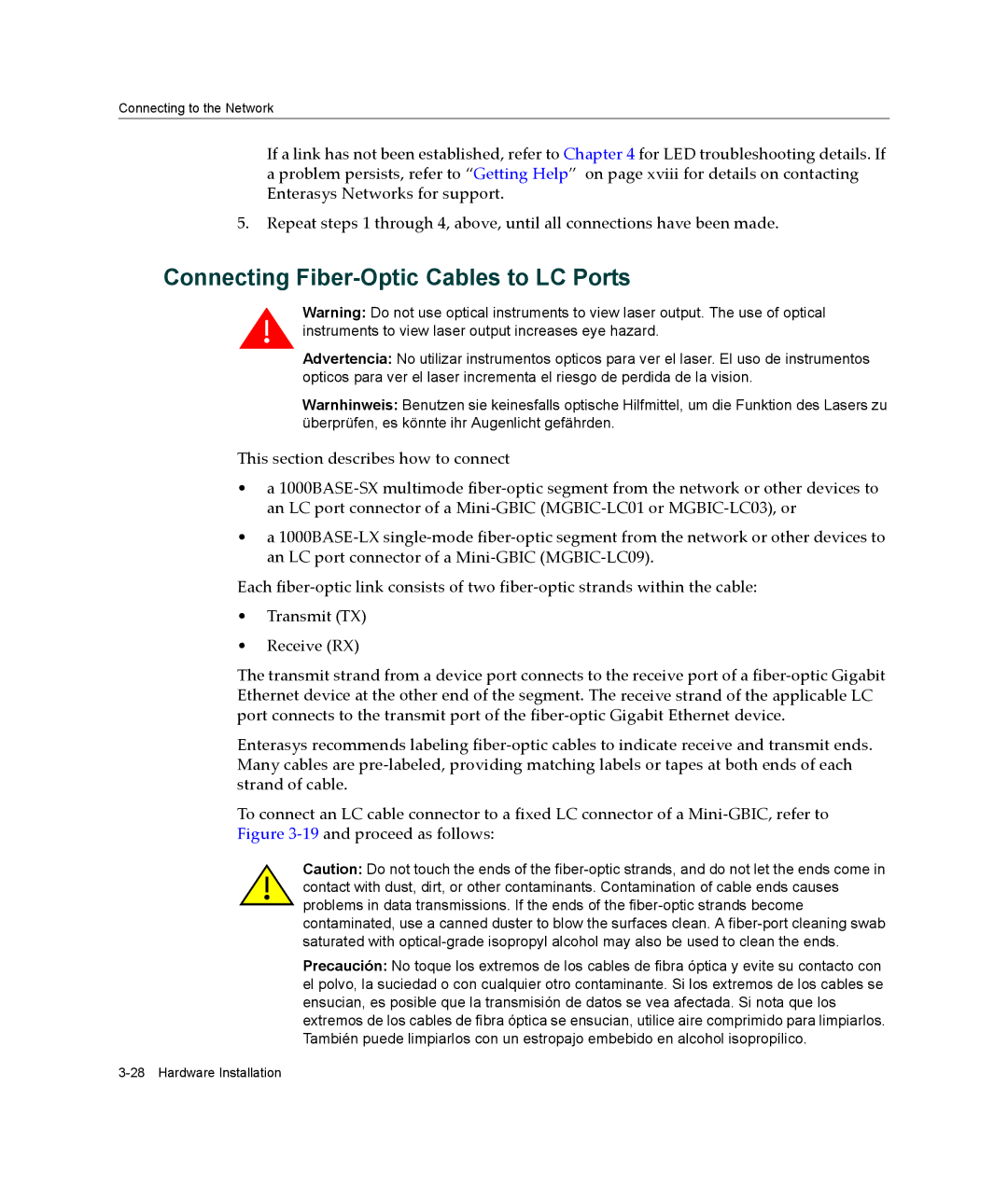 Enterasys Networks B3G124-24P, B3G124-48P manual Connecting Fiber-Optic Cables to LC Ports 