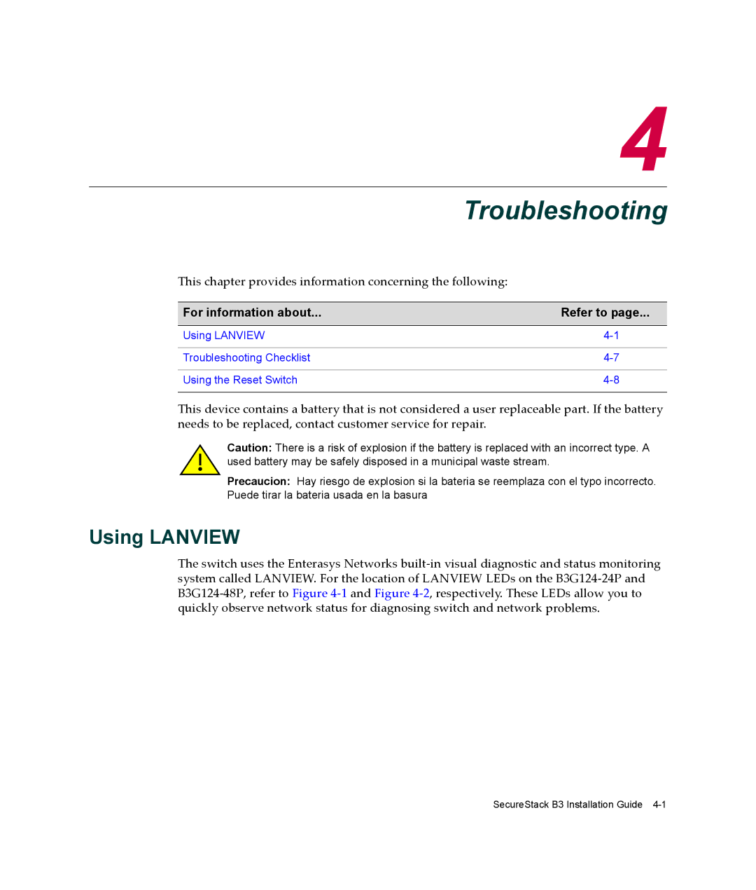 Enterasys Networks B3G124-48P, B3G124-24P manual Troubleshooting, Using Lanview 