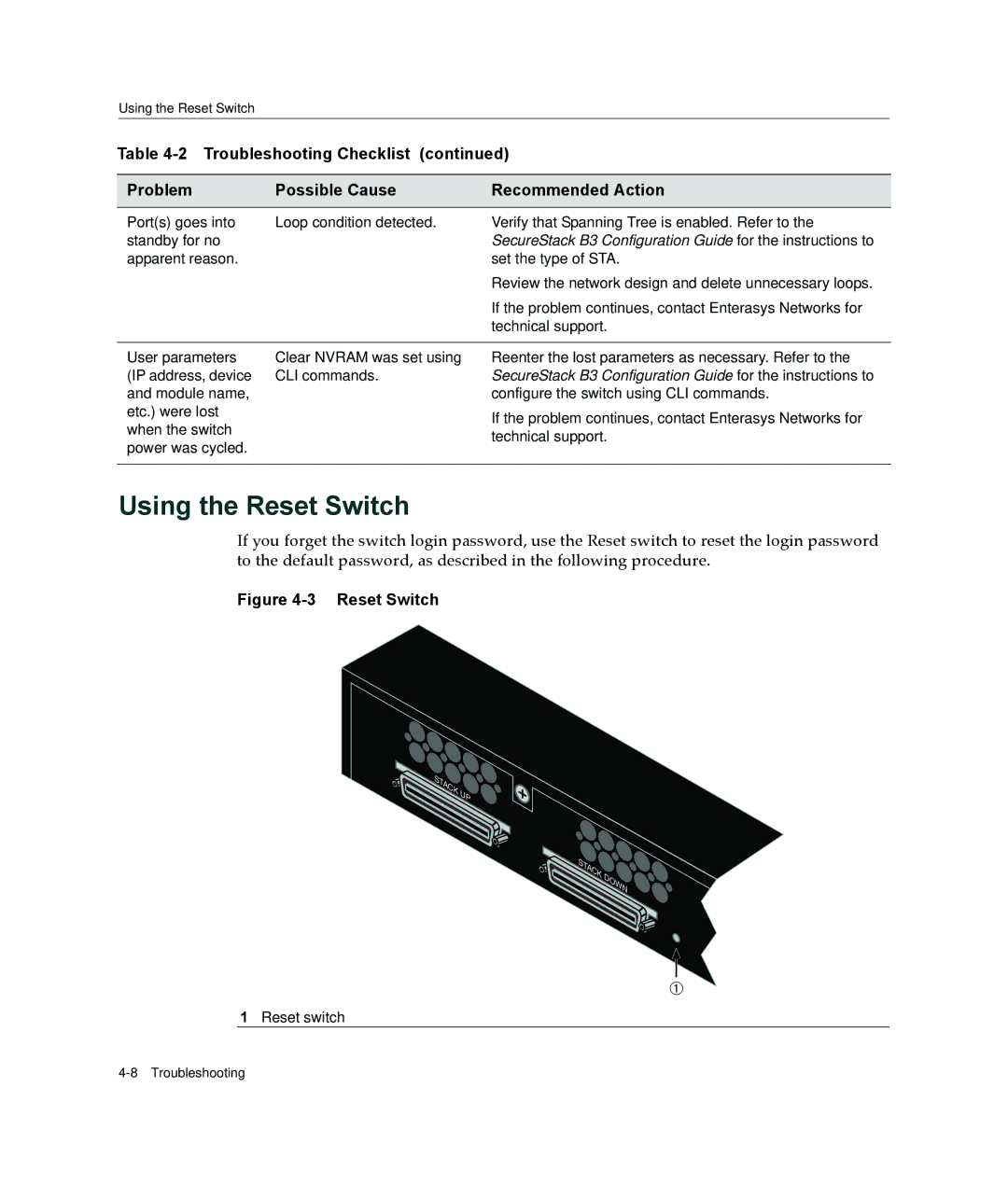 Enterasys Networks B3G124-24P, B3G124-48P manual Using the Reset Switch 