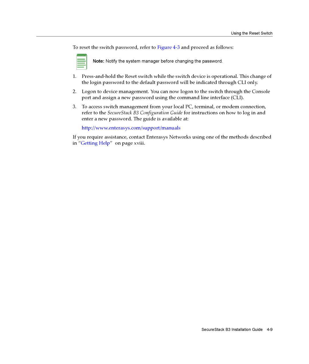 Enterasys Networks B3G124-48P, B3G124-24P manual Using the Reset Switch 