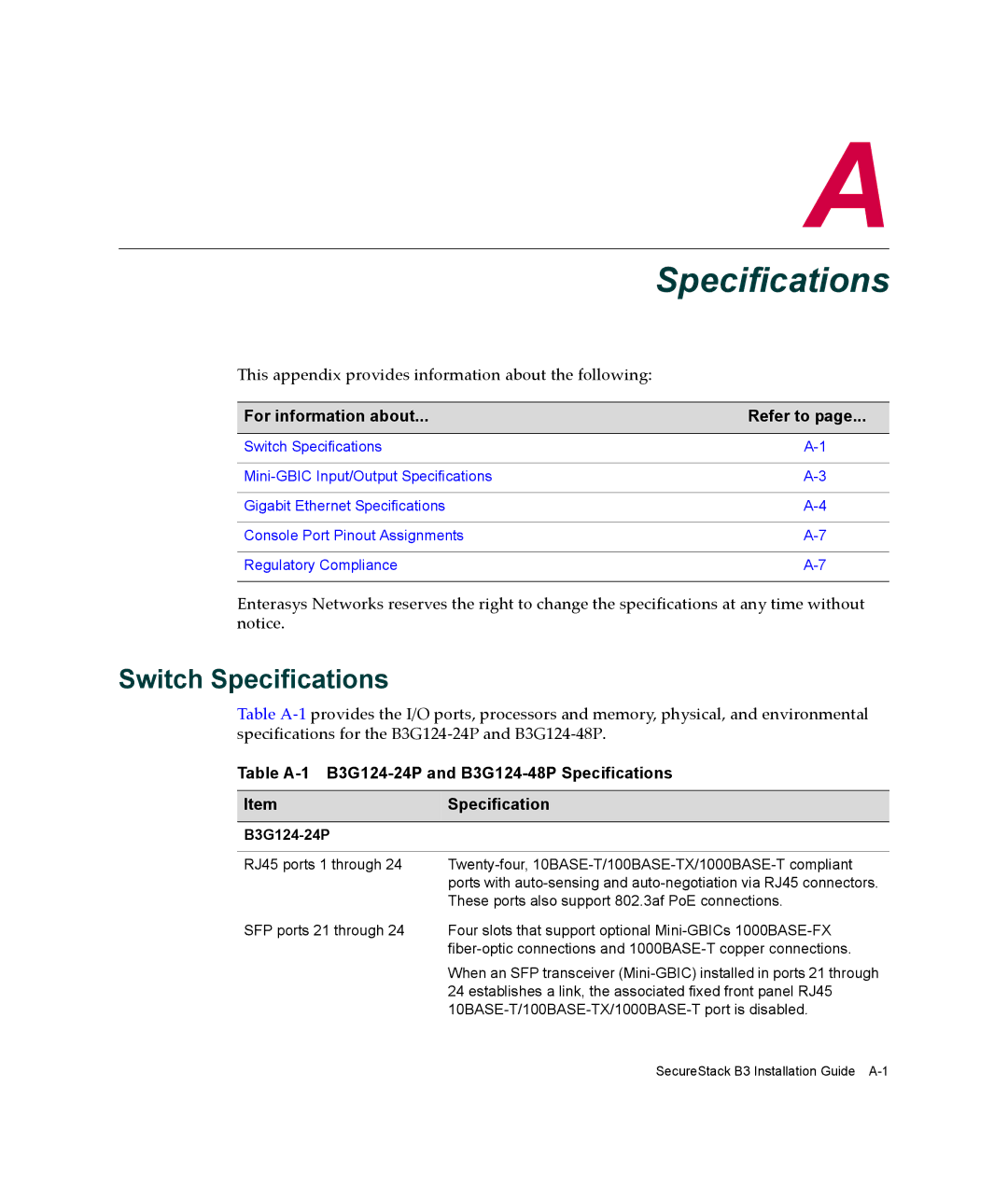 Enterasys Networks B3G124-48P, B3G124-24P manual Switch Specifications 