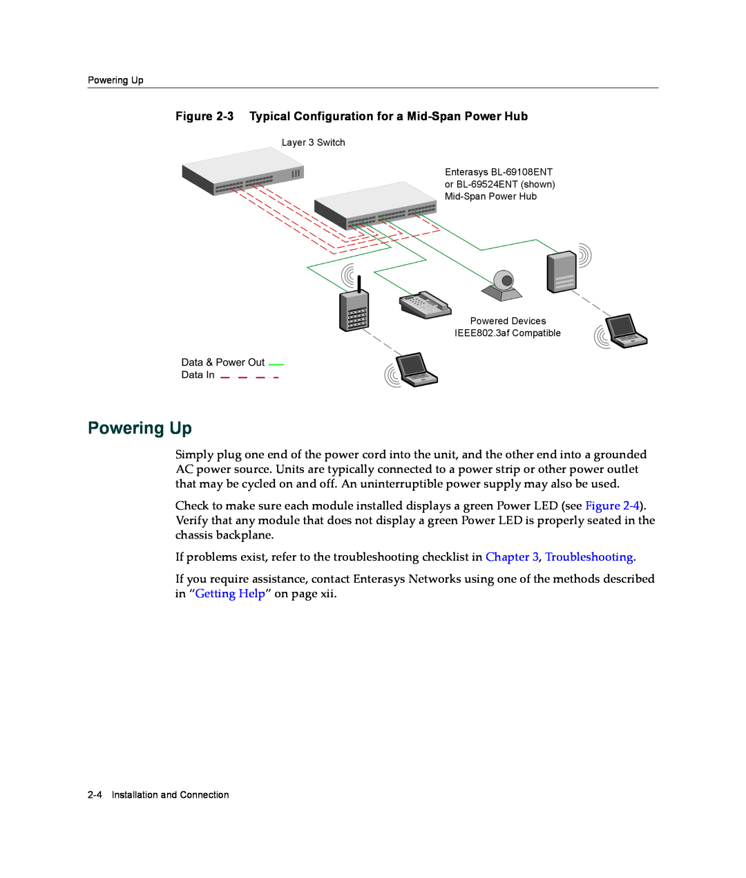 Enterasys Networks BL-6000ENT manual Powering Up, 3 Typical Configuration for a Mid-Span Power Hub 