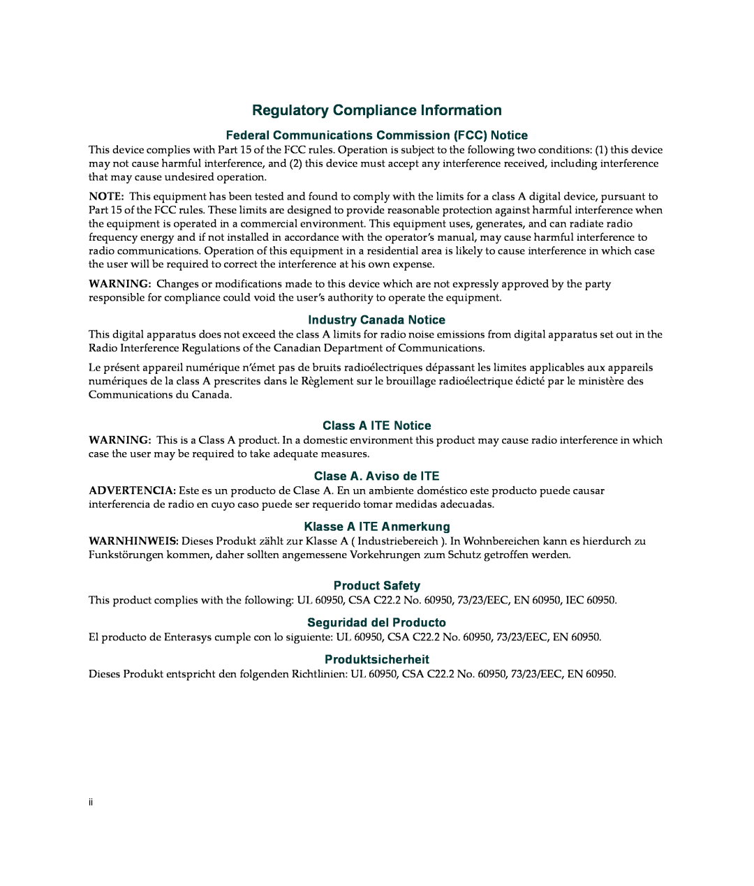Enterasys Networks BL-6000ENT manual Regulatory Compliance Information, Federal Communications Commission FCC Notice 