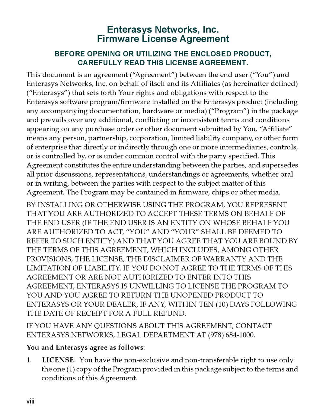 Enterasys Networks BL-69551ENT, BL-69108ENT manual Enterasys Networks, Inc Firmware License Agreement 