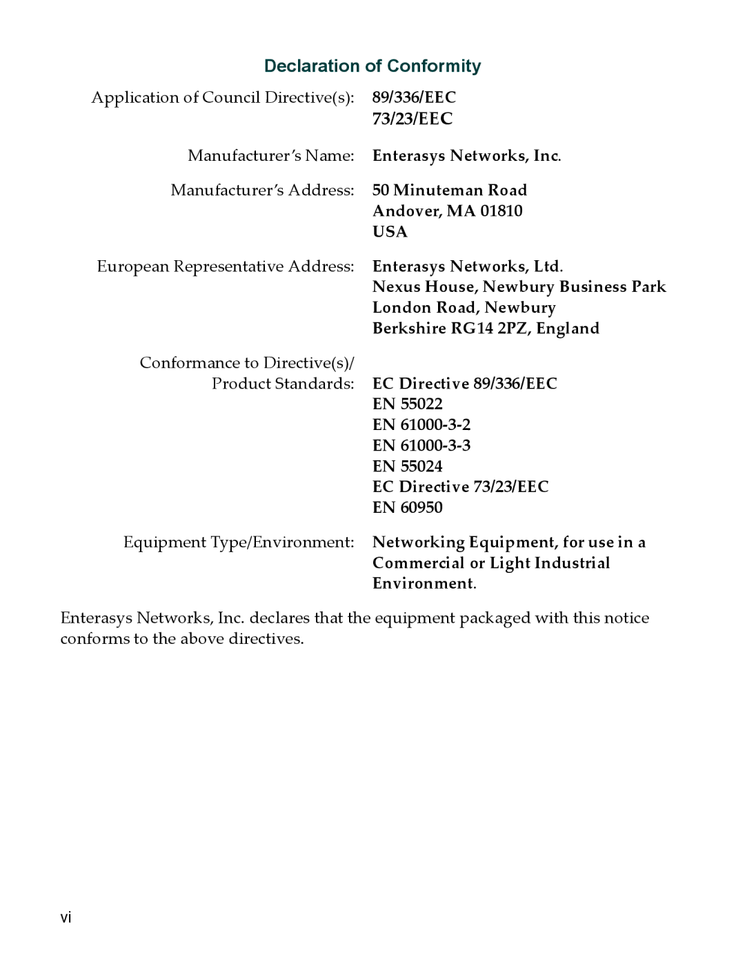 Enterasys Networks BL-69551ENT, BL-69108ENT manual 73/23/EEC 