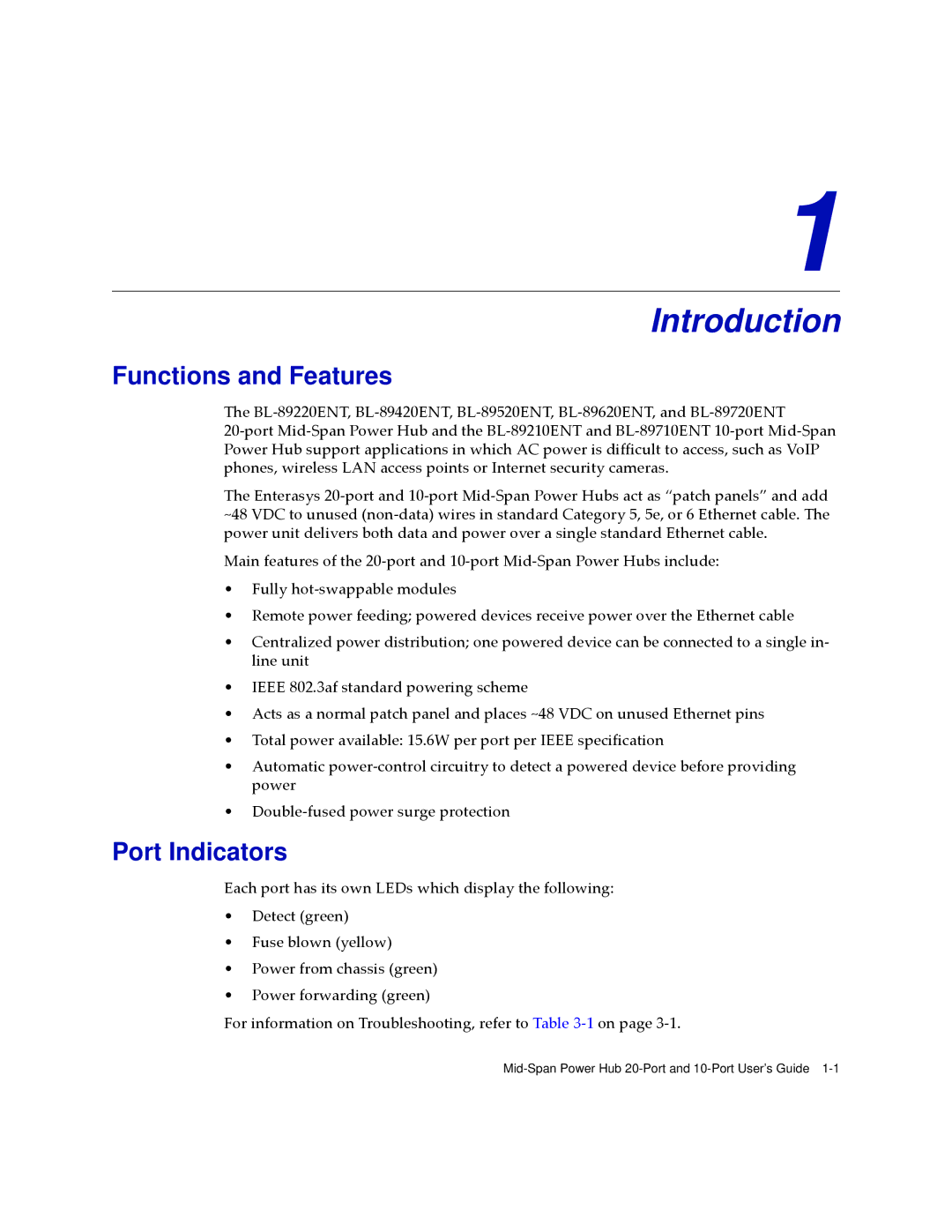 Enterasys Networks BL-89420ENT, BL-89720ENT, BL-89520ENT, BL-89620ENT Introduction, Functions and Features, Port Indicators 