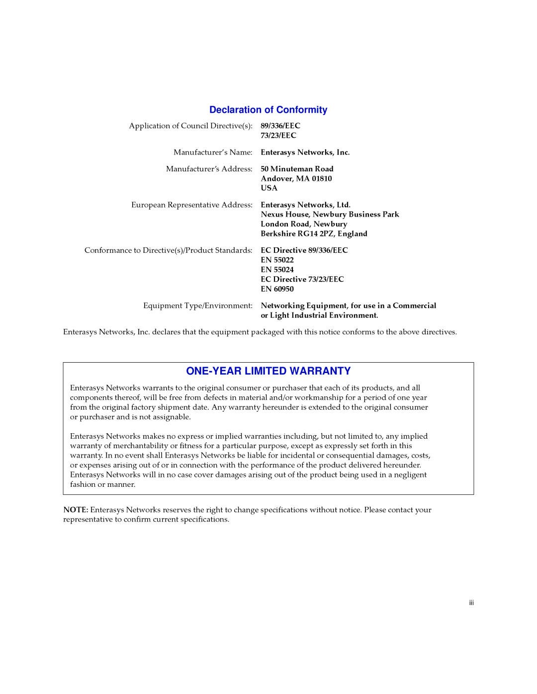 Enterasys Networks BL-89720ENT, BL-89520ENT, BL-89620ENT, BL-89420ENT, BL-89710ENT manual ONE-YEAR Limited Warranty 