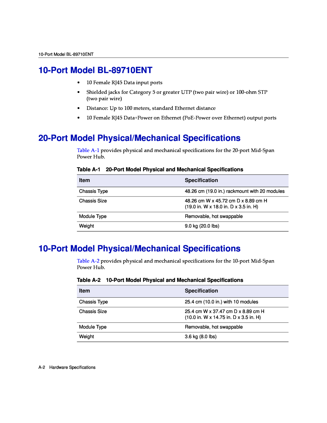 Enterasys Networks BL-89720ENT, BL-89520ENT manual Port Model BL-89710ENT, Port Model Physical/Mechanical Specifications 