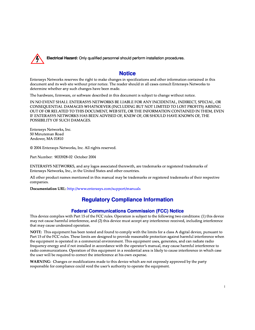 Enterasys Networks BL-89420ENT manual Regulatory Compliance Information, Federal Communications Commission FCC Notice 